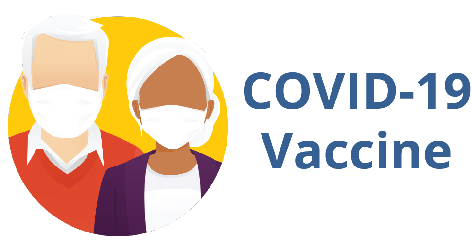 Man and woman wearing masks next to text saying COVID-19 Vaccine.