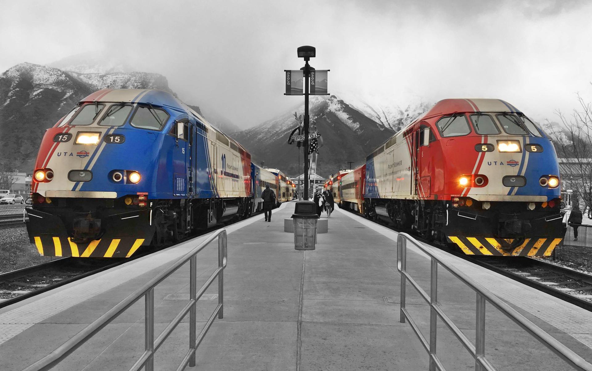 Photo of two UTA FrontRunner trains at the Provo, Utah station.